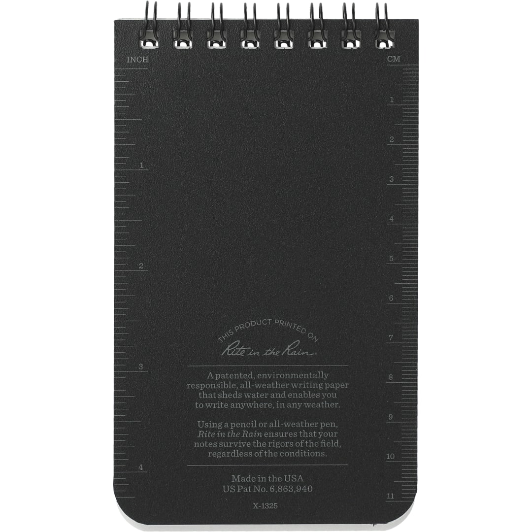 Rear View of Black 3” x 5” Rite in the Rain Top Spiral Notebook