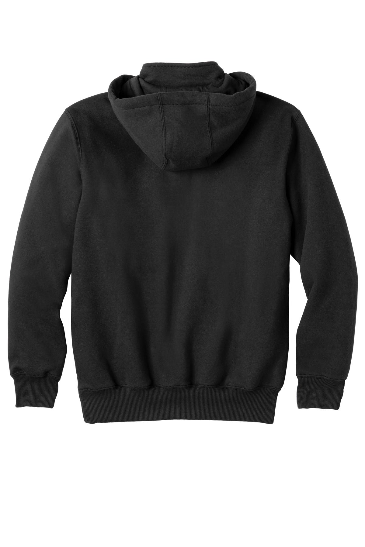Rear View of Black Carhartt Rain Defender Paxton Heavyweight Hooded Zip Mock Sweatshirt. CT100617