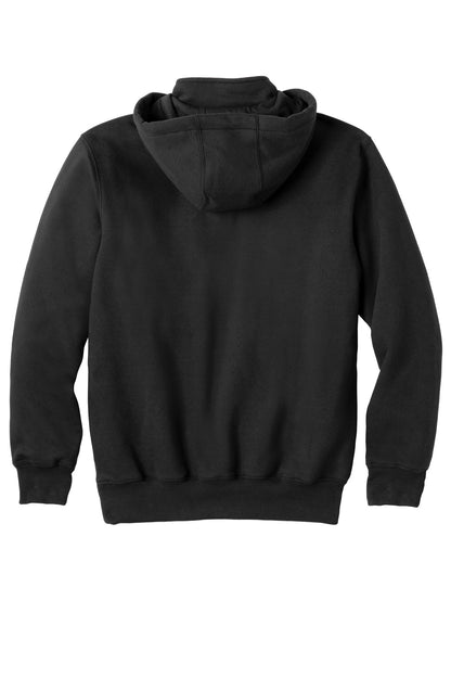 Rear View of Black Carhartt Rain Defender Paxton Heavyweight Hooded Zip Mock Sweatshirt. CT100617