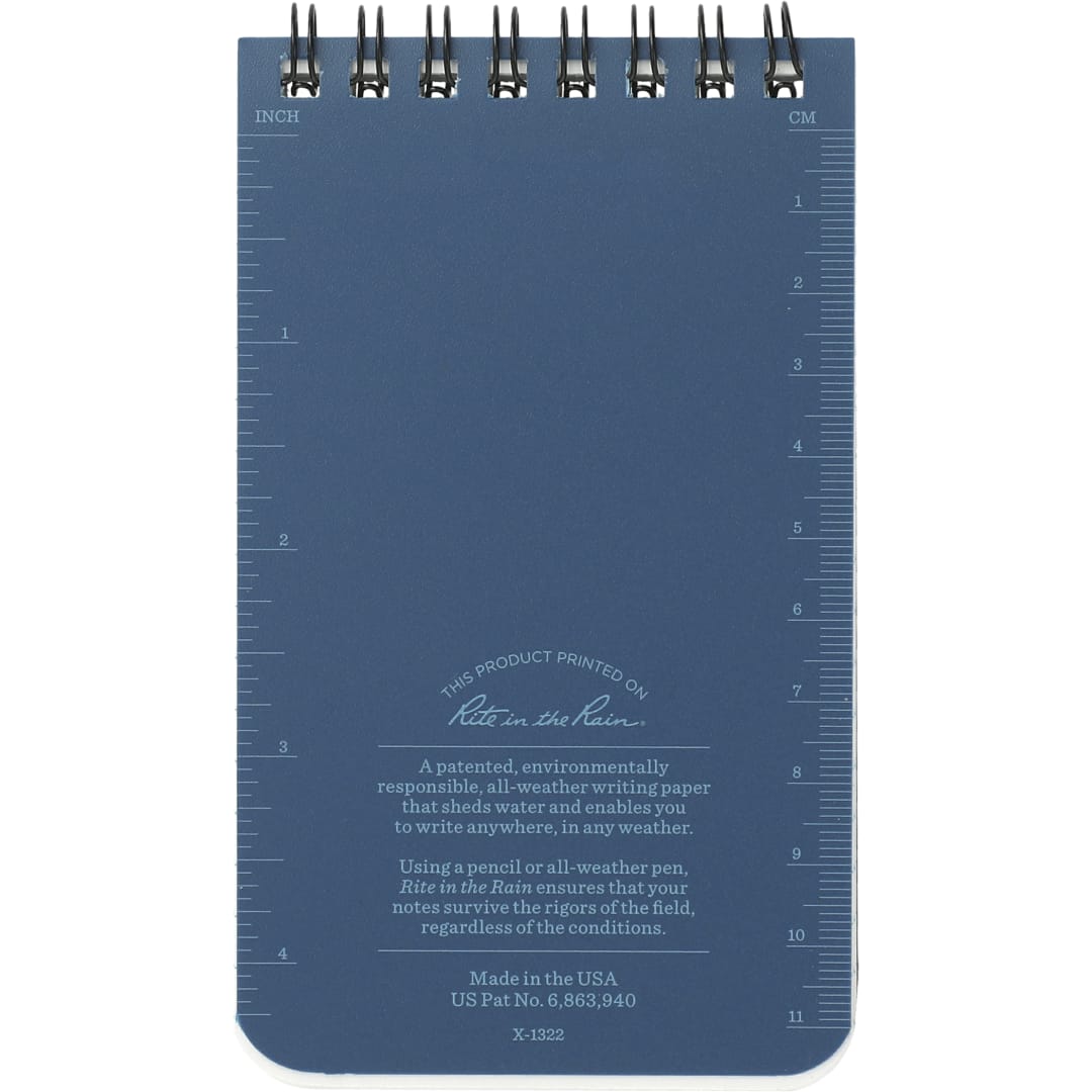 Rear View of Blue 3” x 5” Rite in the Rain Top Spiral Notebook