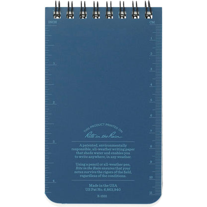 Rear View of Blue 3” x 5” Rite in the Rain Top Spiral Notebook