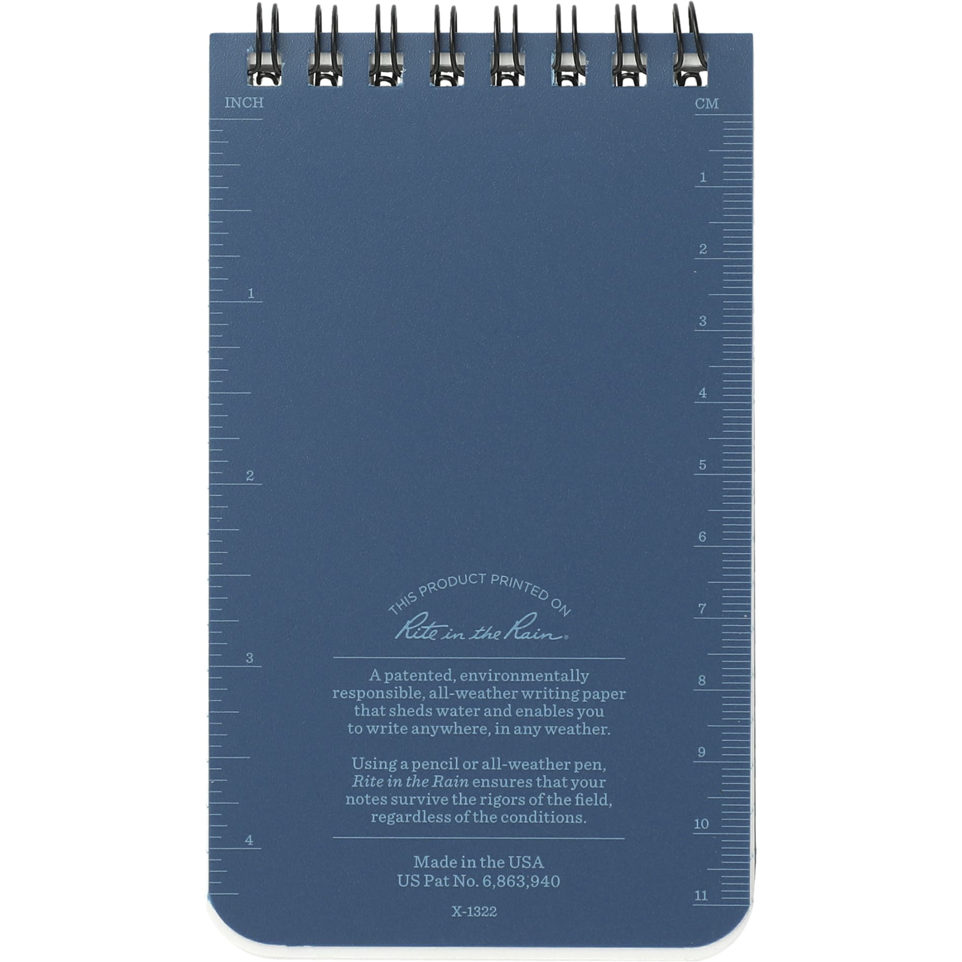 Rear View of Blue 3” x 5” Rite in the Rain Top Spiral Notebook