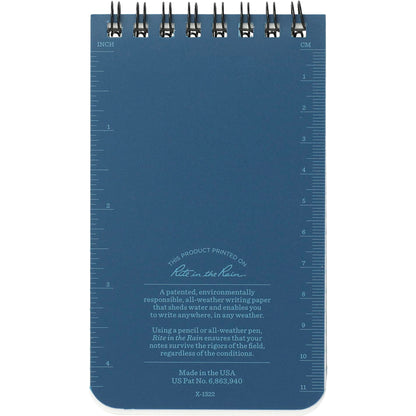 Rear View of Blue 3” x 5” Rite in the Rain Top Spiral Notebook