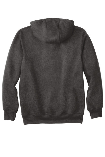 Rear View of Carbon Heather Carhartt Rain Defender Paxton Heavyweight Hooded Sweatshirt. CT100615