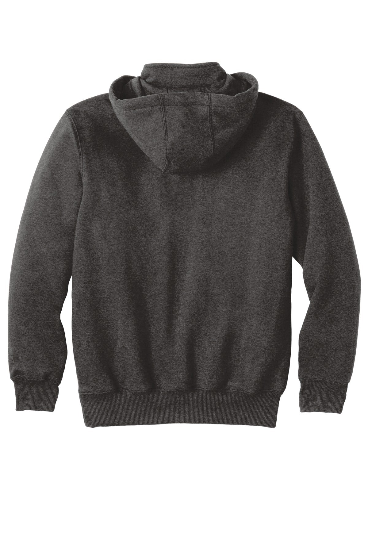 Rear View of Carbon Heather Carhartt Rain Defender Paxton Heavyweight Hooded Zip Mock Sweatshirt. CT100617