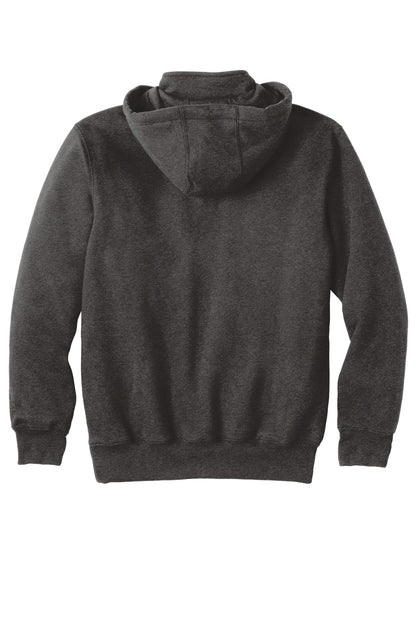 Rear View of Carbon Heather Carhartt Rain Defender Paxton Heavyweight Hooded Zip Mock Sweatshirt. CT100617
