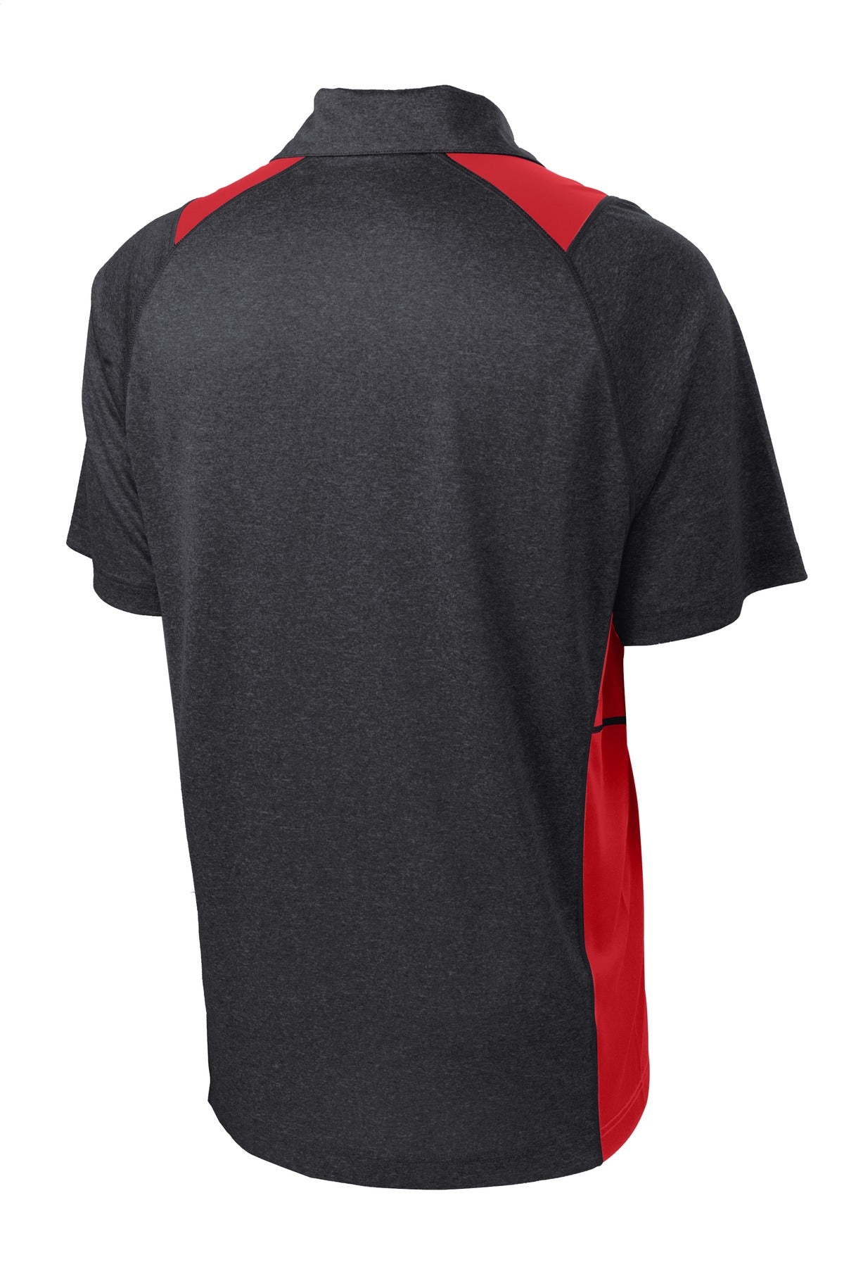 Rear View of Grph He/Tr Red Sport-Tek Heather Colorblock Contender Polo. ST665