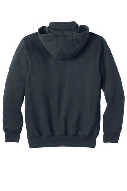 Rear View of New Navy Carhartt Rain Defender Paxton Heavyweight Hooded Zip Mock Sweatshirt. CT100617