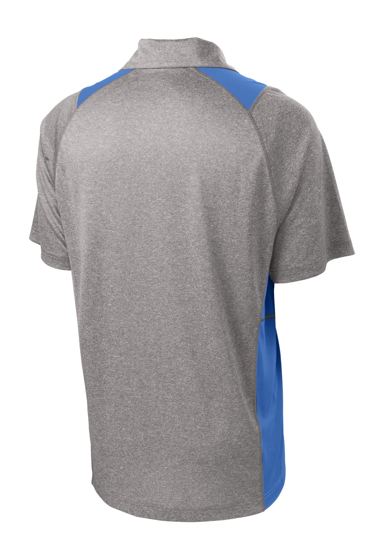 Rear View of Vnt He/Car Blu Sport-Tek Heather Colorblock Contender Polo. ST665