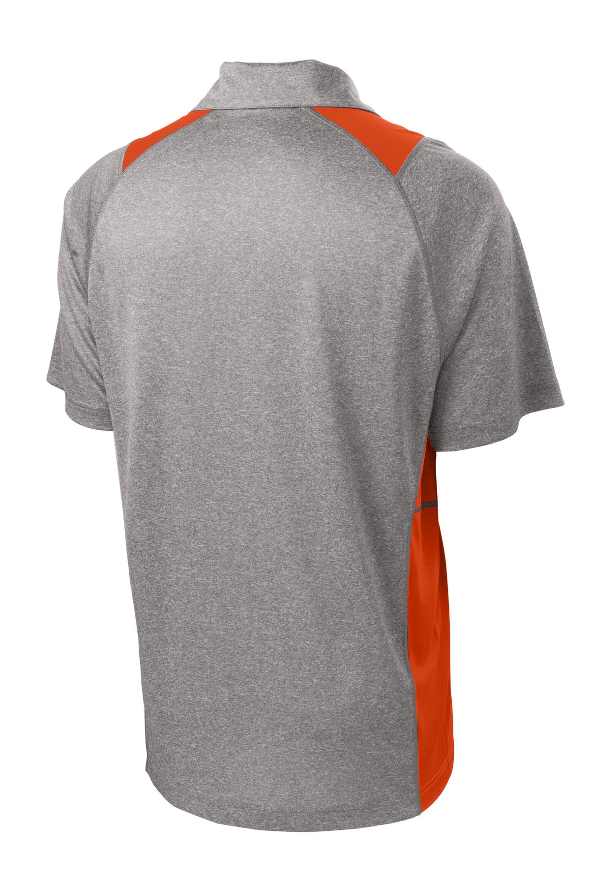 Rear View of Vnt He/Dp Orng Sport-Tek Heather Colorblock Contender Polo. ST665