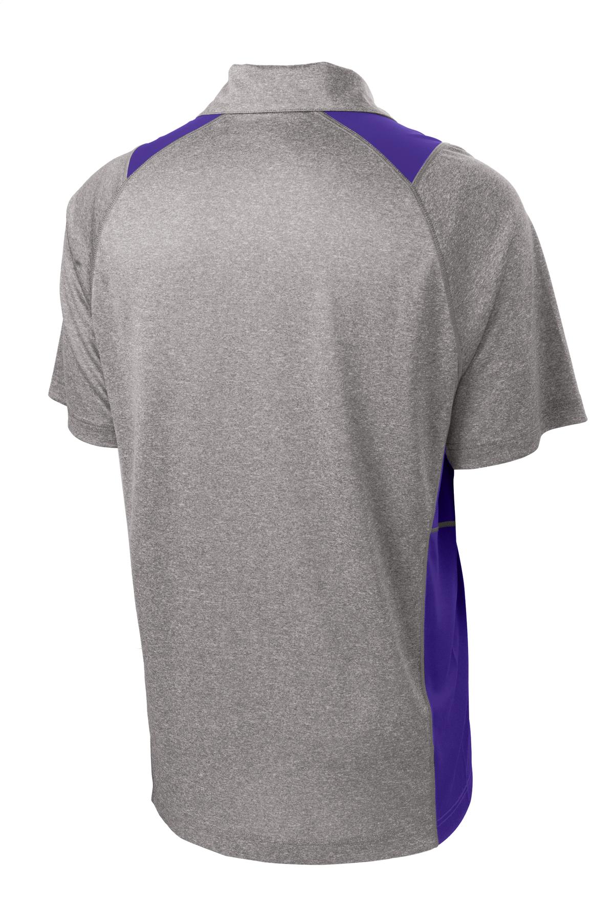 Rear View of Vnt He/Purple Sport-Tek Heather Colorblock Contender Polo. ST665