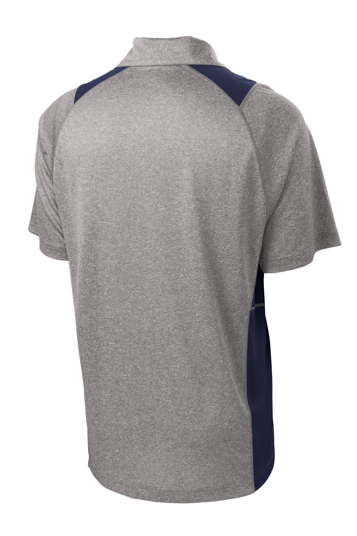 Rear View of Vnt He/Tr Navy Sport-Tek Heather Colorblock Contender Polo. ST665