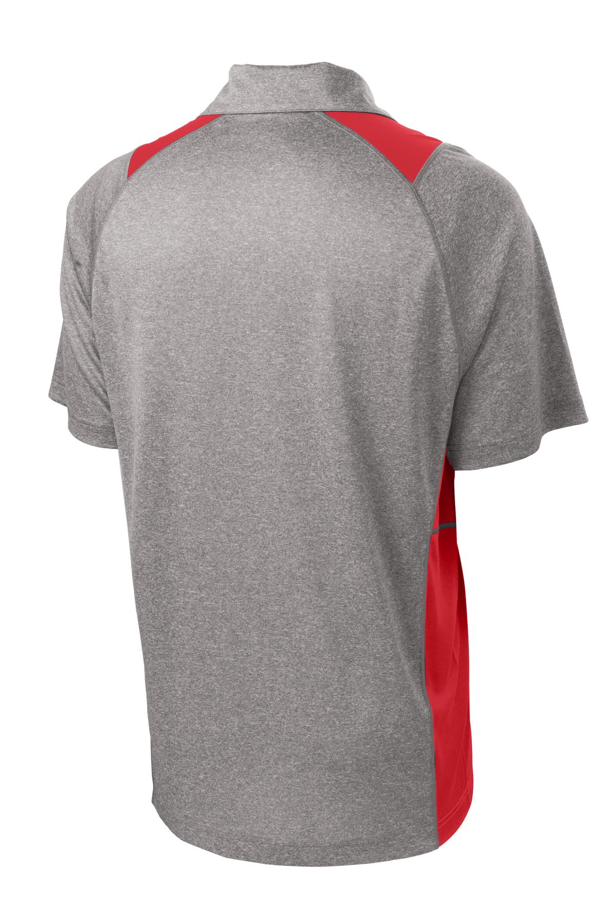 Rear View of Vnt He/Tr Red Sport-Tek Heather Colorblock Contender Polo. ST665