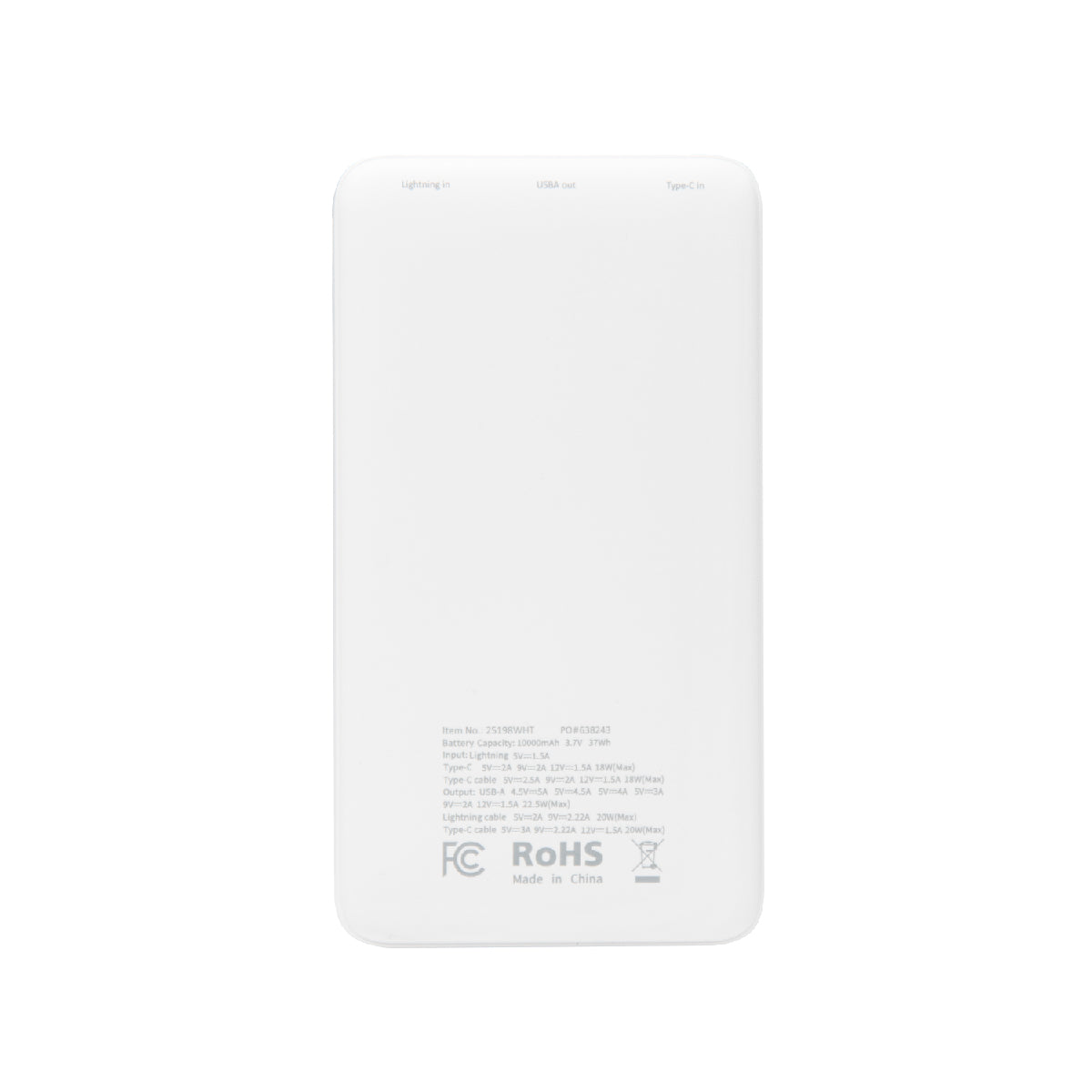 Rear View of WHITE 10,000 mAh Power Bank With Integrated Cables  grouped